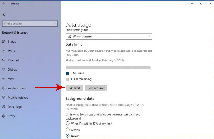 how to reset data usage on windows 10